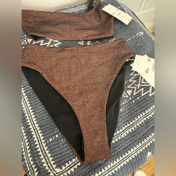 NWT SARA CRISTINA One Shoulder High Waisted Bikini - Metallic Shiny Brown XS/S - Picture 7 of 16